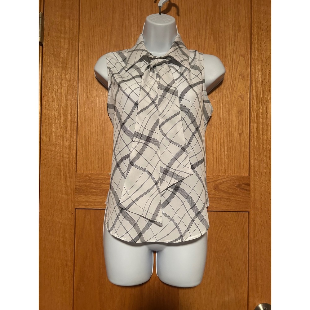 Vintage Y2K Women's Sleeveless Abstract Plaid Tie Neck Blouse White Black Small